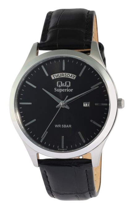 Q&Q Superior Herrenuhr mit Echtlederband, Wochentags- und Datumsanzige, schwa...