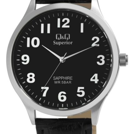 Q&Q Superior Herrenuhr mit Echtlederarmband, Edelstahlgehäuse, Saphirglas, 5 bar