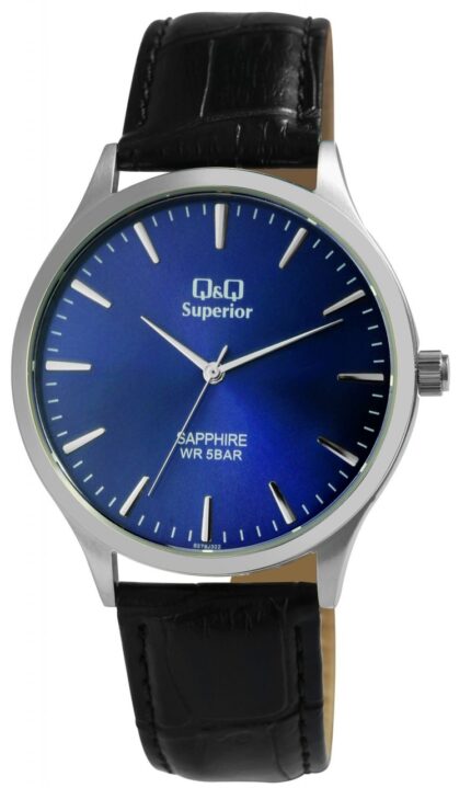 Q&Q Superior Unisex mit Echtlederarmband, Edelstahlgehäuse, Saphirglas, 5 bar