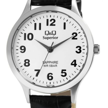 Q&Q Superior Damenuhr mit Echtlederarmband, Edelstahlgehäuse, Saphirglas, 5 bar