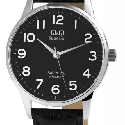 Q&Q Superior Herrenuhr mit Echtlederarmband, Edelstahlgehäuse, Saphirglas, 5 bar