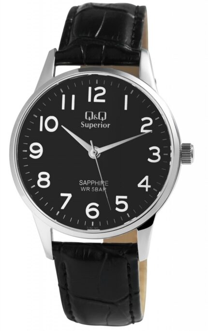 Q&Q Superior Herrenuhr mit Echtlederarmband, Edelstahlgehäuse, Saphirglas, 5 bar