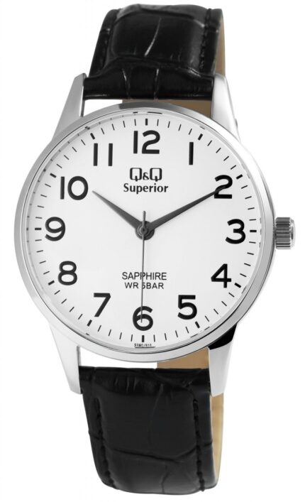 Q&Q Superior Herrenuhr mit Echtlederarmband, Edelstahlgehäuse, Saphirglas, 5 bar