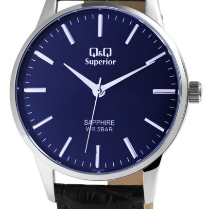Q&Q Superior Herrenuhr mit Echtlederarmband, Edelstahlgehäuse, Saphirglas, 5 bar