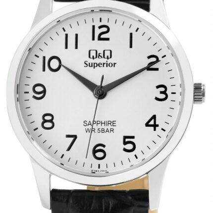 Q&Q Superior Damenuhr mit Echtlederarmband, Edelstahlgehäuse, Saphirglas, 5 bar