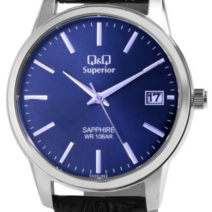 Q&Q Superior Herrenuhr mit Echtlederarmband, Edelstahlgehäuse, Saphirglas, 10...