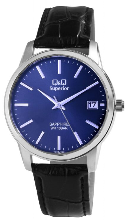 Q&Q Superior Herrenuhr mit Echtlederarmband, Edelstahlgehäuse, Saphirglas, 10...