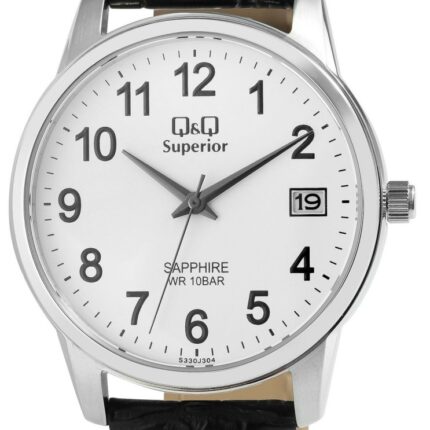 Q&Q Superior Herrenuhr mit Echtlederarmband, Edelstahlgehäuse, Saphirglas, 10...