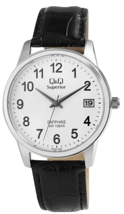 Q&Q Superior Herrenuhr mit Echtlederarmband, Edelstahlgehäuse, Saphirglas, 10...
