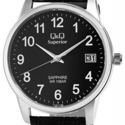 Q&Q Superior Herrenuhr mit Echtlederarmband, Edelstahlgehäuse, Saphirglas, 10...