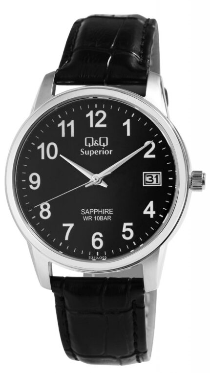 Q&Q Superior Herrenuhr mit Echtlederarmband, Edelstahlgehäuse, Saphirglas, 10...