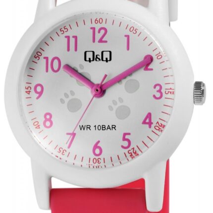 Q&Q Kinderuhr, Kunststoff, Silikonarmband, Katze, weiß/pink, 10 ATM, Ø 32 mm