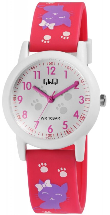 Q&Q Kinderuhr, Kunststoff, Silikonarmband, Katze, weiß/pink, 10 ATM, Ø 32 mm