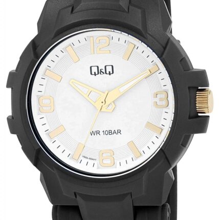 Q&Q Black Resin Band Watch White/Gold Details 10ATM (Men's) V50A-004VY