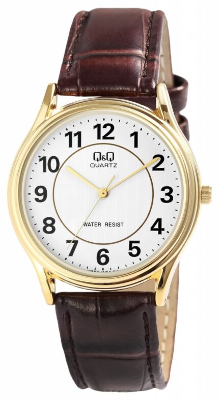 Q&Q Herrenuhr mit Lederimitationsarmband in dunkelbraun/goldfarben, 3 bar