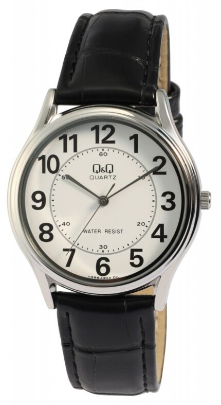 Q&Q Herrenuhr mit Lederimitationsarmband in schwarz/silberfarben, 3 bar