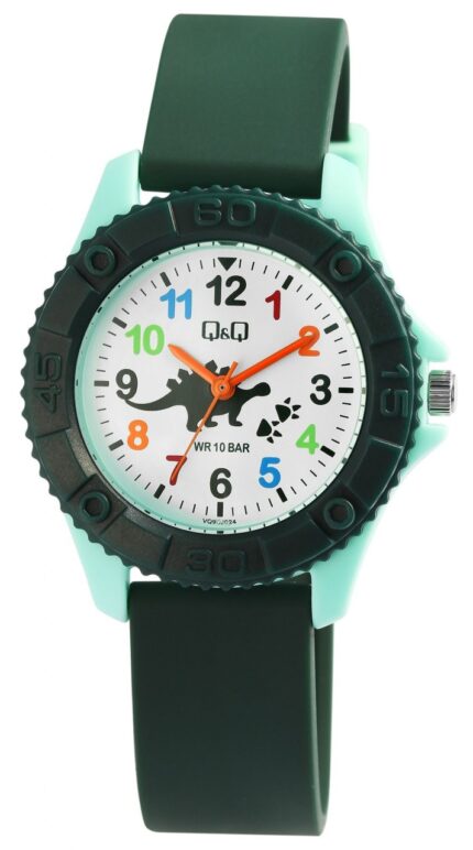 Q&Q Kinderuhr, Kunststoff, Silikonarmband, Dinosaurier, grün, 10 Bar, Ø 35 mm