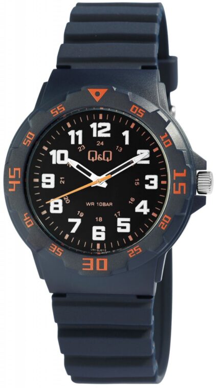 Q&Q Herrenuhr mit Silikonarmband, 10 bar, Blau/ Orange