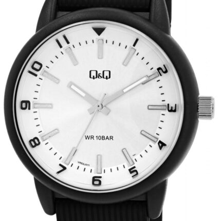 Q&Q Herrenuhr, Kunststoff, Silikonarmband, schwarz/silberfarben, 10 ATM, Ø 42 mm