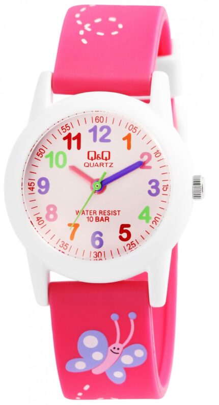 Q&Q Kinderuhr, Kunststoff, Silikonarmband, Schmetterling, 10 Bar, Ø 30 mm