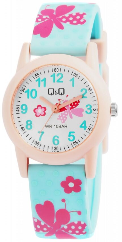 Q&Q Kinderuhr mit Silikonarmband, Schmetterling/ Blumen, 10 Bar wasserdicht