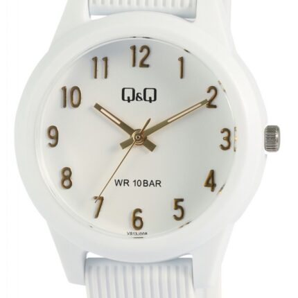 Q&Q Damenuhr mit Silikonarmband, 10 ATM, weiße Uhr mit goldfarbene Zeiger & Z...