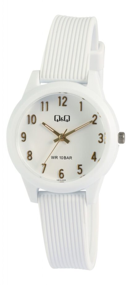 Q&Q Damenuhr mit Silikonarmband, 10 ATM, weiße Uhr mit goldfarbene Zeiger & Z...