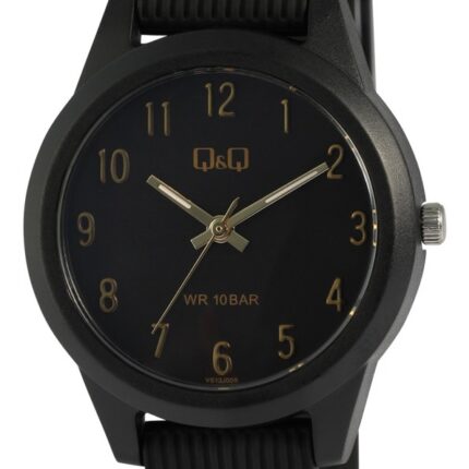 Q&Q Damenuhr mit Silikonarmband, 10 ATM, goldfarbene Zeiger & Ziffern, schwarz