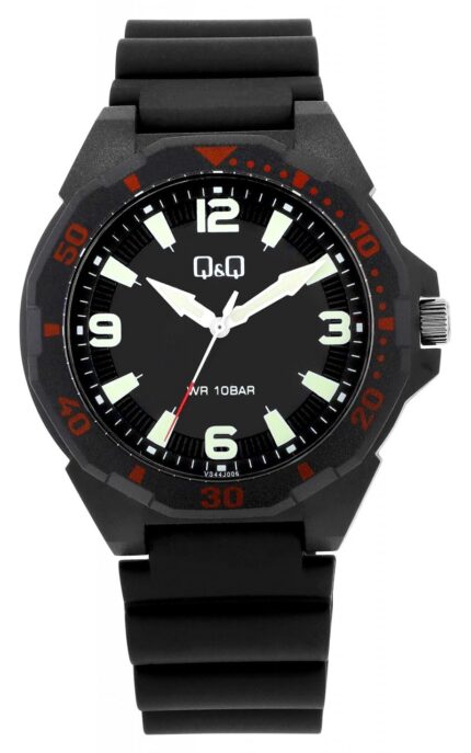 Q&Q Herrenuhr, Kunststoff, Silikonarmband, Superluminova, schwarz/rot, 10 ATM...